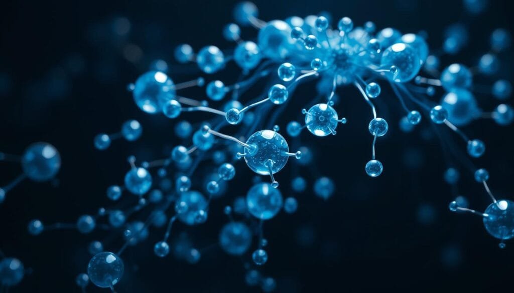 A high-contrast close-up image of a cluster of electrons, depicted as glowing blue-white spheres cascading across a dark, shadowy background. The electrons appear to be in motion, with a sense of energy and dynamism. Subtle highlights and atmospheric lighting suggest the electrons are part of a larger, unseen electrical system. The image conveys a sense of the invisible, yet essential, components that power modern digital infrastructure and communication networks.