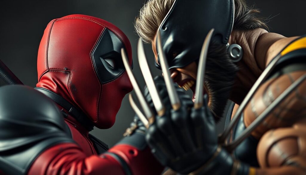 A high-contrast close-up shot of Deadpool and Wolverine locked in a fierce battle, their clawed hands and blades clashing against a blurred, shadowy background. Deadpool's signature red and black suit is torn and stained, while Wolverine's rugged face is contorted in a fierce snarl, his adamantium claws extended. The lighting is dramatic, with sharp shadows and highlights accentuating the intense expression and dynamic movement of the two Marvel anti-heroes. The composition is tightly framed, emphasizing the raw power and visceral intensity of the confrontation.