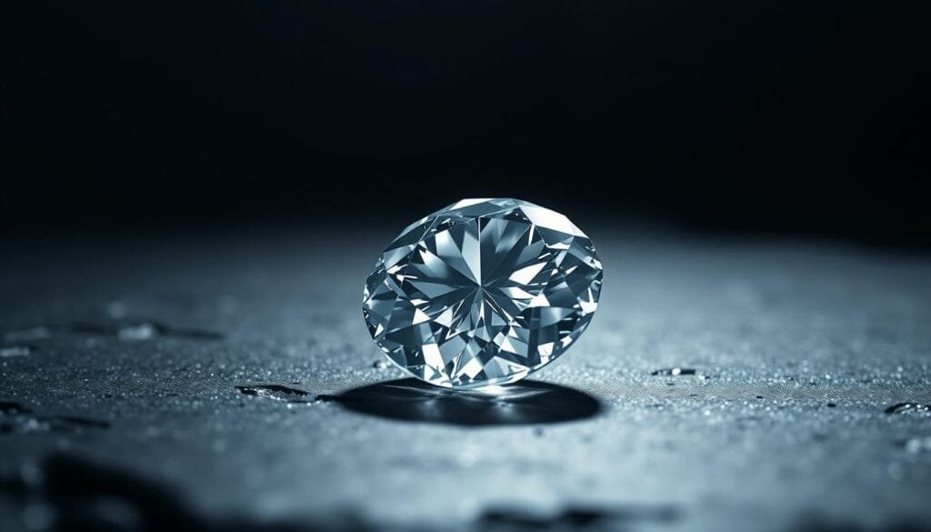 A high-contrast close-up shot of a flawless, sparkling diamond resting on a flat, obsidian surface. Dramatic studio lighting creates deep shadows and sharp highlights, revealing the diamond's intricate facets and mesmerizing brilliance. The image conveys the timeless beauty and seemingly indestructible nature of this precious gem. In the background, a faint, hazy outline of graphite crystals gradually emerges, hinting at the diamond's slow transformation into a more stable carbon allotrope over geological timescales. A high-contrast close-up shot of a flawless, sparkling diamond resting on a flat, obsidian surface. Dramatic studio lighting creates deep shadows and sharp highlights, revealing the diamond's intricate facets and mesmerizing brilliance. The image conveys the timeless beauty and seemingly indestructible nature of this precious gem. In the background, a faint, hazy outline of graphite crystals gradually emerges, hinting at the diamond's slow transformation into a more stable carbon allotrope over geological timescales.