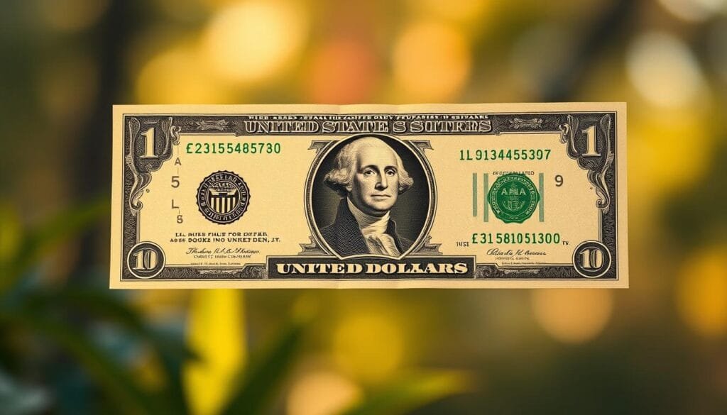 A high-resolution, detailed illustration of a United States dollar bill, depicting the front side with the portrait of George Washington. The bill is prominently displayed against a blurred, softly-lit background that suggests a serene, natural environment. The image conveys a sense of the dollar's ubiquity and importance in the Ecuadorian economy, while also hinting at the country's rich biodiversity. The lighting is warm and natural, with subtle shadows and highlights that add depth and dimension to the bill. The composition is balanced and visually striking, making the dollar bill the central focus of the image.