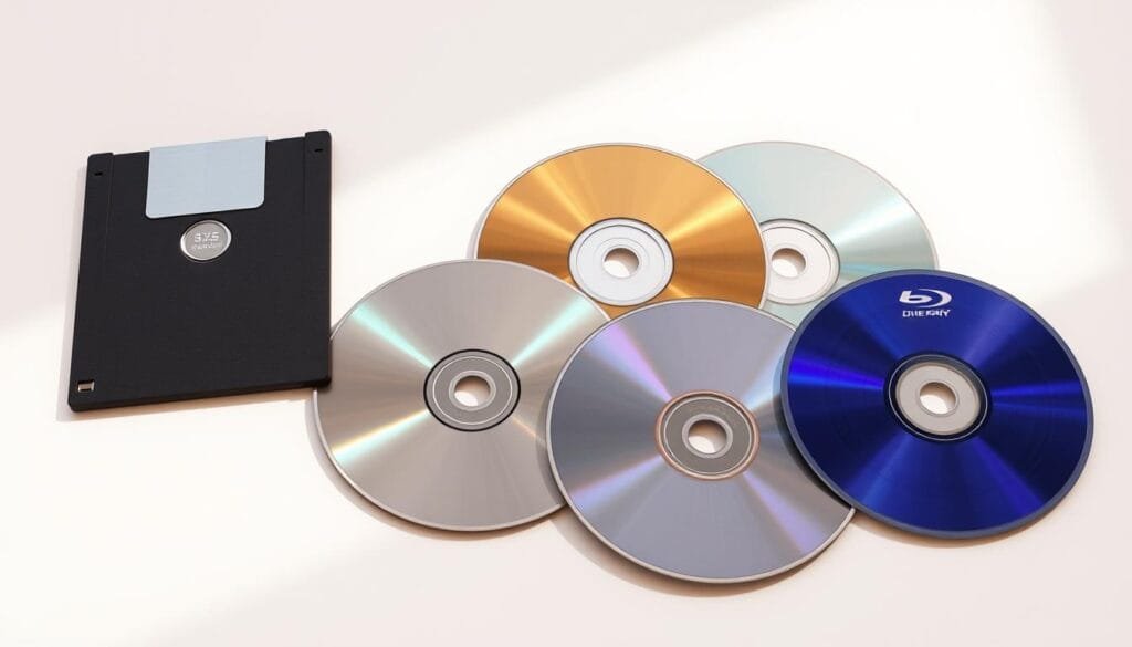 A high-resolution, photorealistic image of various types of computer data storage discs, including a classic 5.25-inch floppy disk, a 3.5-inch floppy disk, a compact disc (CD), a digital versatile disc (DVD), and a Blu-ray disc. The discs are arranged in a visually appealing, symmetrical layout on a clean, well-lit surface, with a subtle shadow effect to add depth and dimensionality. The lighting is soft and diffuse, creating a warm, inviting atmosphere. The composition highlights the distinctive shapes, sizes, and colors of each disc type, emphasizing their unique characteristics and historical significance in the evolution of data storage technologies.