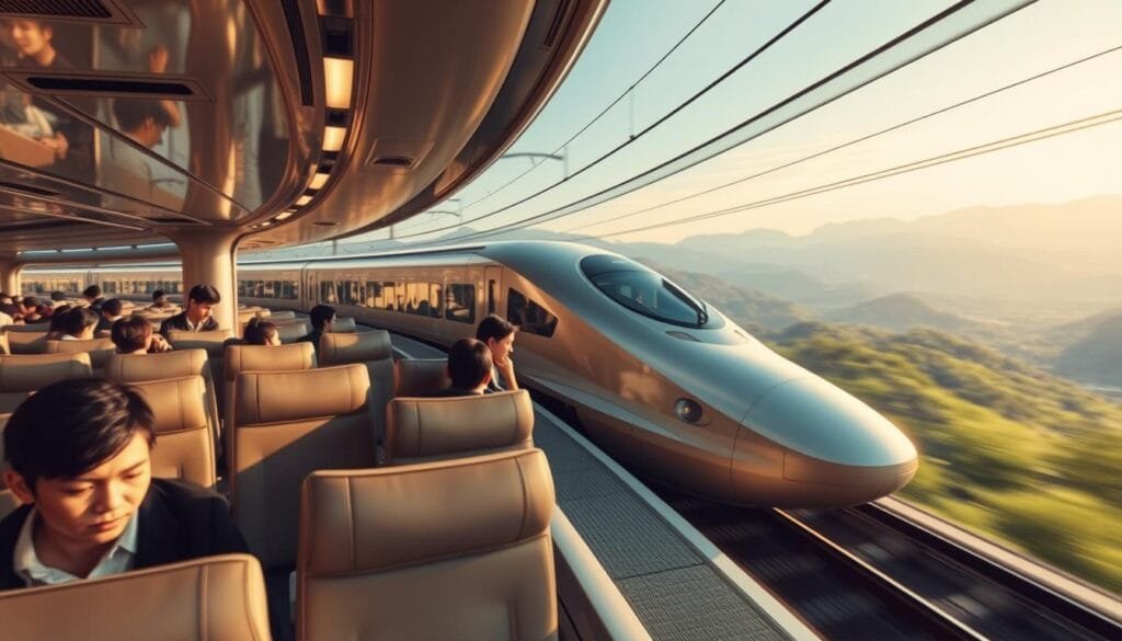A high-speed bullet train glides effortlessly down the tracks, its sleek aerodynamic form cutting through the air with precision. The interior is bathed in a warm, natural light, revealing rows of neatly arranged, comfortable seats. Passengers sit in quiet contemplation, their expressions serene and focused, as the train swiftly transports them to their destination. The landscape outside the large windows is a blur of verdant hills and towering mountains, hinting at the immense distances covered with unwavering punctuality. This is the essence of "transporte puntual" – a testament to Japanese efficiency, technological mastery, and unwavering commitment to excellence in public transportation.