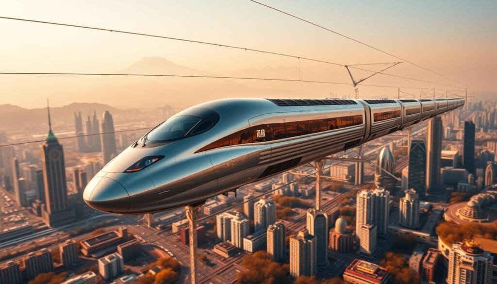 A high-speed bullet train glides effortlessly through a sweeping Chinese landscape, slicing through the air with a sleek, aerodynamic silhouette. The train's glossy exterior gleams under the warm, golden light of the sun, reflecting the towering skyscrapers and modernist architectural wonders of the bustling cityscape that surrounds it. In the distance, towering mountains rise majestically, their peaks capped with snow, creating a breathtaking contrast against the futuristic transportation network. The scene evokes a sense of progress, innovation, and China's relentless pursuit of technological advancement and infrastructural dominance. A high-speed bullet train glides effortlessly through a sweeping Chinese landscape, slicing through the air with a sleek, aerodynamic silhouette. The train's glossy exterior gleams under the warm, golden light of the sun, reflecting the towering skyscrapers and modernist architectural wonders of the bustling cityscape that surrounds it. In the distance, towering mountains rise majestically, their peaks capped with snow, creating a breathtaking contrast against the futuristic transportation network. The scene evokes a sense of progress, innovation, and China's relentless pursuit of technological advancement and infrastructural dominance.