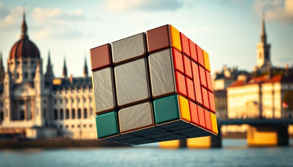A highly detailed, photorealistic image of a Rubik's Cube, centered and in sharp focus, against a softly blurred background of a Budapest cityscape with iconic landmarks like the Parliament Building and Chain Bridge. The cube is shown in its classic colorful configuration, with each face meticulously rendered with intricate texture and depth. Warm, directional lighting casts subtle shadows, highlighting the geometric precision and mechanical complexity of this iconic Hungarian invention. The overall mood is one of ingenuity, elegance, and national pride.
