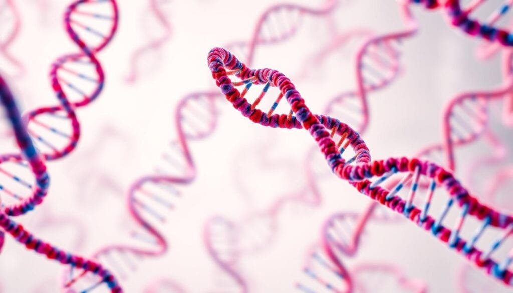 A highly detailed, photorealistic microscopic view of human genes and chromosomes. The image showcases the intricate structure and organization of DNA strands, with individual base pairs and helical coils visible. The genes are depicted in vibrant, saturated colors, highlighting their unique patterns and variations. The background is a clean, neutral environment that allows the genes to be the central focus. The lighting is soft and diffused, creating a sense of depth and dimensionality. The composition is well-balanced, with the genes occupying the central portion of the frame, surrounded by a clean, uncluttered space. The overall effect is a striking and informative representation of the fundamental building blocks of life.