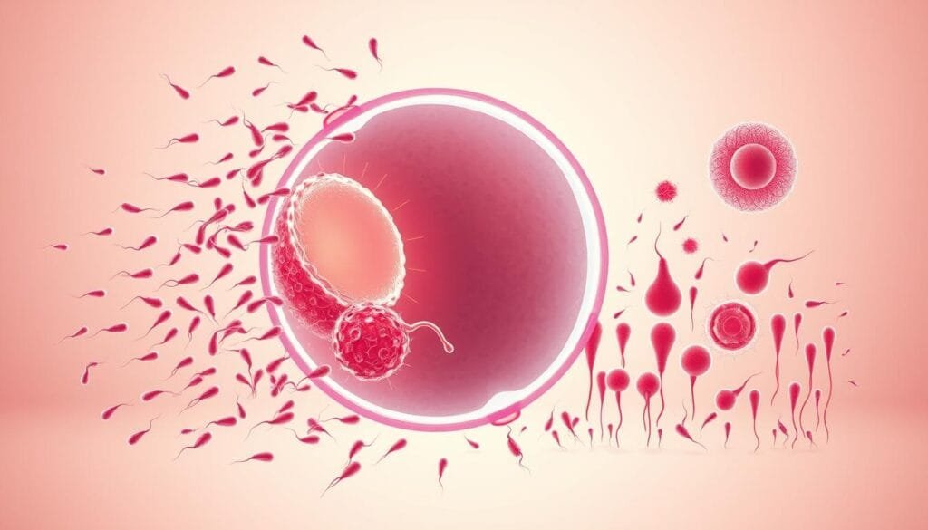 A highly detailed, scientific illustration of human cells, showcasing their varying sizes. In the foreground, a large, vibrant ovum cell takes center stage, its complex internal structure visible through a crisp, close-up lens. Surrounding it, a swarm of diminutive, precisely rendered sperm cells, each meticulously detailed down to their flagella. In the middle ground, a diverse array of other cell types - nerve, muscle, blood - arrayed in a clear, clinical manner, allowing the viewer to appreciate the dramatic differences in scale. The background is a clean, neutral backdrop, bathed in soft, evenly distributed lighting that accentuates the cellular forms. The overall tone is one of educational clarity and biological wonder, inviting the viewer to contemplate the incredible diversity of life at the microscopic level. A highly detailed, scientific illustration of human cells, showcasing their varying sizes. In the foreground, a large, vibrant ovum cell takes center stage, its complex internal structure visible through a crisp, close-up lens. Surrounding it, a swarm of diminutive, precisely rendered sperm cells, each meticulously detailed down to their flagella. In the middle ground, a diverse array of other cell types - nerve, muscle, blood - arrayed in a clear, clinical manner, allowing the viewer to appreciate the dramatic differences in scale. The background is a clean, neutral backdrop, bathed in soft, evenly distributed lighting that accentuates the cellular forms. The overall tone is one of educational clarity and biological wonder, inviting the viewer to contemplate the incredible diversity of life at the microscopic level.
