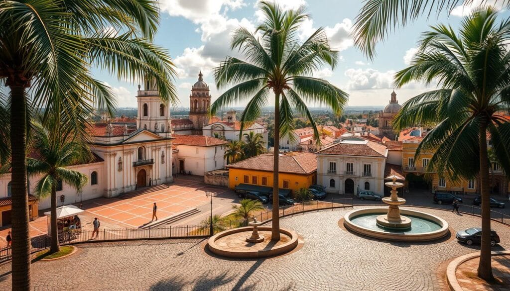 A historic walled city nestled along the coast, sun-dappled cobblestone streets wind through ancient colonial architecture. Elegant baroque churches and plazas with intricate fountain features stand in the warm, golden light of a Panamanian afternoon. Palm trees sway gently, framing the iconic skyline of domed roofs, bell towers, and fortified walls that have guarded this city for centuries. Capture the timeless essence of this vibrant hub, where modernity and tradition coexist in perfect harmony. A historic walled city nestled along the coast, sun-dappled cobblestone streets wind through ancient colonial architecture. Elegant baroque churches and plazas with intricate fountain features stand in the warm, golden light of a Panamanian afternoon. Palm trees sway gently, framing the iconic skyline of domed roofs, bell towers, and fortified walls that have guarded this city for centuries. Capture the timeless essence of this vibrant hub, where modernity and tradition coexist in perfect harmony.