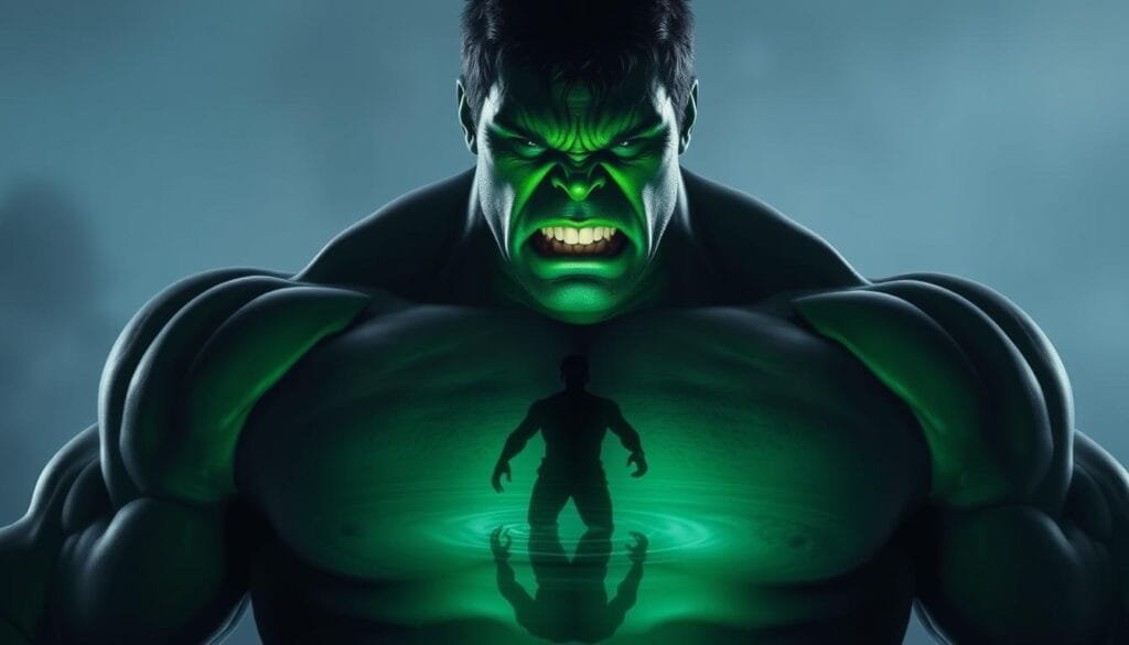 A hulking, muscular figure towers in the foreground, his skin a vibrant emerald hue. His expression is fierce, brows furrowed, teeth gritted, capturing the raw power and intensity of the Hulk. The figure is bathed in dramatic, moody lighting, casting deep shadows that accentuate the chiseled form. In the middle ground, the Hulk's silhouette is reflected in a pool of water, distorted and rippling, suggesting the duality of his nature. The background is hazy, with a muted palette of blues and grays, creating a sense of mystery and intrigue. The overall atmosphere evokes the Hulk's complex personality and the many iterations of this iconic character throughout the decades of comic book history. A hulking, muscular figure towers in the foreground, his skin a vibrant emerald hue. His expression is fierce, brows furrowed, teeth gritted, capturing the raw power and intensity of the Hulk. The figure is bathed in dramatic, moody lighting, casting deep shadows that accentuate the chiseled form. In the middle ground, the Hulk's silhouette is reflected in a pool of water, distorted and rippling, suggesting the duality of his nature. The background is hazy, with a muted palette of blues and grays, creating a sense of mystery and intrigue. The overall atmosphere evokes the Hulk's complex personality and the many iterations of this iconic character throughout the decades of comic book history.
