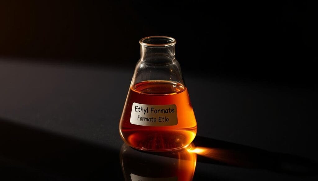A laboratory glass flask containing a transparent, amber-colored liquid, with a label indicating "Ethyl Formate" or "Formiato Etilo". The flask is positioned on a dark, reflective surface, casting a subtle shadow. Soft, warm lighting illuminates the scene, creating a sense of depth and atmosphere. The image conveys a scientific, yet visually appealing aesthetic, hinting at the role of this organic compound in the "aroma" of the Milky Way.
