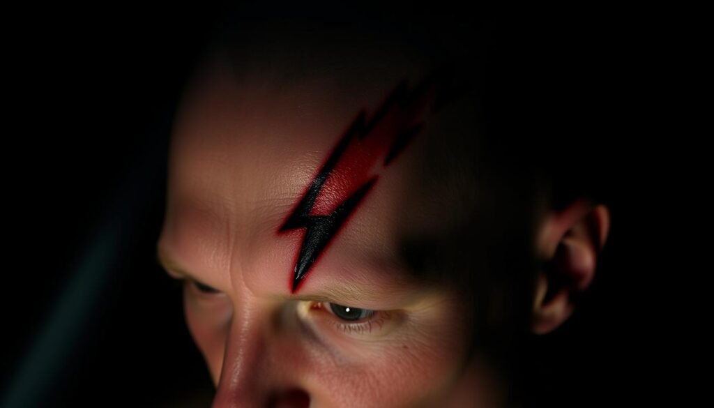 A lightning-shaped scar etched across a pale, almost translucent forehead, the jagged edges seemingly pulsing with an otherworldly energy. The skin around it is slightly raised, the mark of a violent past, a testament to a curse that left its indelible mark. The background is dark, creating a sense of foreboding, while a single beam of light casts a dramatic shadow, highlighting the scar's sharp contours and the movement that brought it into being. The atmosphere is charged with a haunting, magical presence, as if the very air itself carries the residual power of the spell that created this indelible mark.