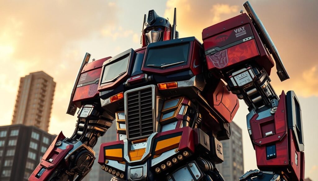 A live-action Optimus Prime, standing tall and imposing, in a cinematic scene from the Transformers movie saga. The iconic Autobot leader is rendered in stunning photorealistic detail, with his powerful metallic form and iconic red and blue color scheme captured in vivid, high-resolution glory. The lighting is dramatic, with warm hues casting a heroic glow, while a detailed urban cityscape serves as the backdrop, hinting at the epic battles and conflicts that Optimus Prime must face. The camera angle is slightly low, emphasizing the sheer size and presence of the mighty Transformer, ready to defend humanity against the Decepticon threat.