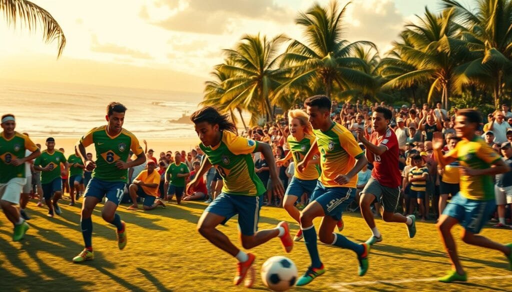A lively and vibrant football (fútbol) scene, set against the backdrop of a lush, tropical landscape. In the foreground, a group of energetic Brazilian players in colorful uniforms skillfully dribbling and passing a ball, their movements captured with dynamic motion blur. The midground features a bustling, festive crowd cheering passionately, their expressions filled with joy and national pride. In the distance, a panoramic view of a sun-drenched beach and swaying palm trees, creating a sense of warm, carefree atmosphere. Warm, golden lighting bathes the entire scene, highlighting the smooth, flowing movements of the players and the electric energy of the crowd. This image perfectly encapsulates the vibrant spirit of "jogo bonito" (the beautiful game) that unites Brazilians through their shared love of football.