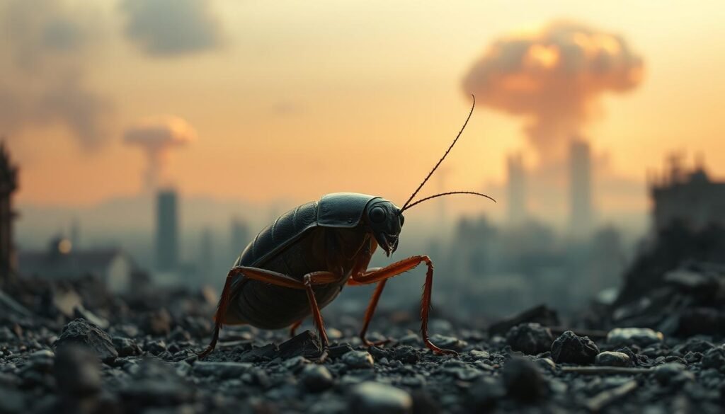 A lone cockroach, its body armor glistening, stands resolute amidst a post-apocalyptic landscape. Distant mushroom clouds dot the horizon, casting an eerie glow upon the devastated cityscape. The roach appears unfazed, its compound eyes scanning the rubble, poised to scurry into the shadows and outlive the nuclear holocaust. Cinematic lighting, low angle, dramatic depth of field, 8K resolution, realistic, photorealistic.