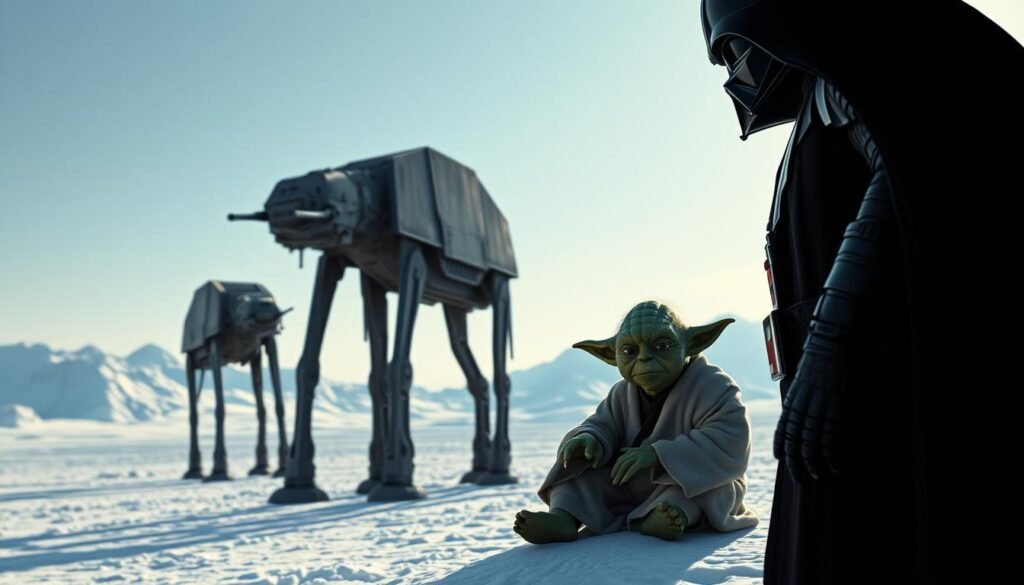 A long time ago in a galaxy far, far away, the mighty Empire strikes back against the Rebel Alliance. In the foreground, the dark Lord Darth Vader towers menacingly, his black cape billowing as he extends his gloved hand. Beside him, the diminutive Jedi Master Yoda, seated cross-legged, his wizened face creased in concentration, guiding Luke Skywalker's lightsaber training. In the middle ground, the iconic silhouette of the AT-AT walkers emerges from the snowy landscape, their imposing presence casting long shadows. The background is a majestic, icy vista, the pale blue hues of the sky and the distant mountains conveying the chill of the Hoth system. Dramatic lighting casts dramatic shadows, enhancing the sense of impending conflict and the pivotal moment in the Galactic Civil War.