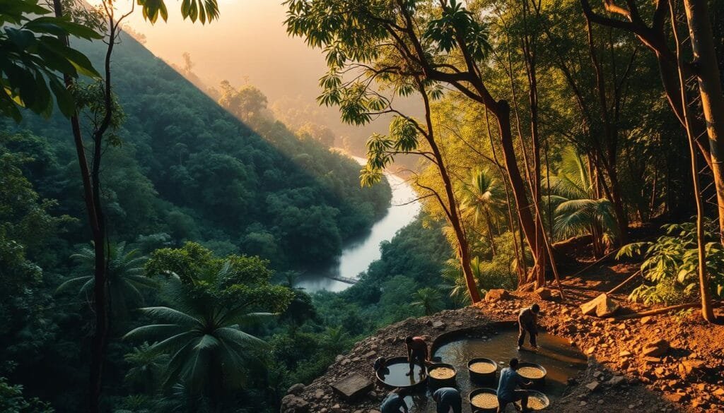 A lush tropical forest with sunlight filtering through the canopy, revealing a serene river winding its way through the landscape. In the foreground, a small-scale gold mining operation is visible, with workers panning for gold in the riverbed. The scene is bathed in a warm, golden glow, creating a sense of harmony between the natural environment and the human activity. The composition emphasizes the contrast between the verdant, untouched forest and the modest, artisanal mining, suggesting the delicate balance between economic development and environmental preservation. The image conveys a sense of tranquility and the quiet struggle to find a sustainable path forward.