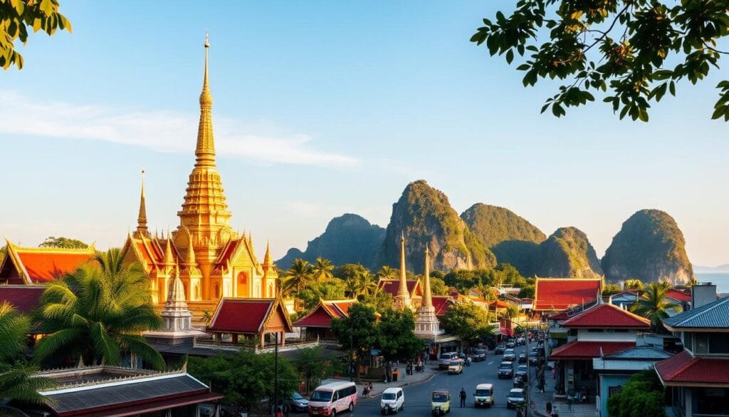 A lush, tropical landscape of Thailand's iconic landmarks, bathed in warm, golden sunlight. In the foreground, a majestic Buddhist temple with intricate, gilded architecture, its towering spires reaching towards the sky. Surrounding it, a colorful array of traditional Thai buildings, their ornate roofs and vibrant hues creating a mesmerizing tapestry. In the middle ground, a bustling street scene, with tuk-tuks and pedestrians weaving through the bustling activity. In the distance, the iconic limestone cliffs of Krabi province rise majestically, their rugged silhouettes framed by a clear, azure sky. The overall scene exudes a sense of timeless beauty, cultural richness, and the vibrant spirit of Thailand, the only country in Southeast Asia never to have been colonized by European powers. A lush, tropical landscape of Thailand's iconic landmarks, bathed in warm, golden sunlight. In the foreground, a majestic Buddhist temple with intricate, gilded architecture, its towering spires reaching towards the sky. Surrounding it, a colorful array of traditional Thai buildings, their ornate roofs and vibrant hues creating a mesmerizing tapestry. In the middle ground, a bustling street scene, with tuk-tuks and pedestrians weaving through the bustling activity. In the distance, the iconic limestone cliffs of Krabi province rise majestically, their rugged silhouettes framed by a clear, azure sky. The overall scene exudes a sense of timeless beauty, cultural richness, and the vibrant spirit of Thailand, the only country in Southeast Asia never to have been colonized by European powers.