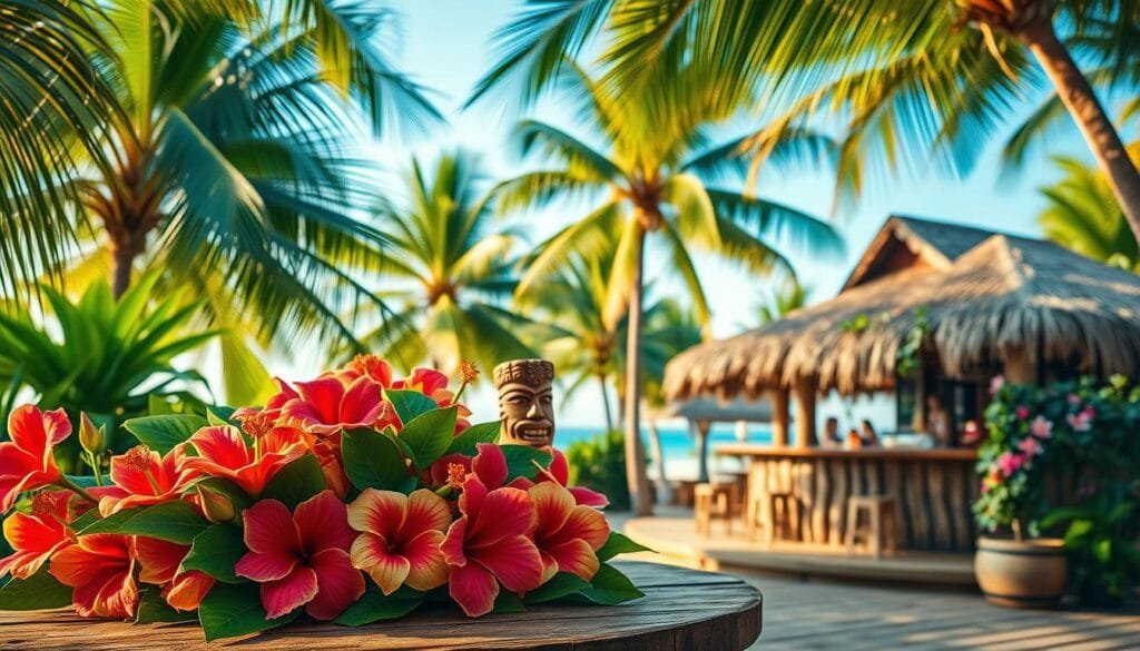 A lush tropical paradise overflowing with vibrant colors and whimsical Hawaiian-inspired decor. In the foreground, a festive arrangement of hibiscus flowers, lush green leaves, and carved tiki figurines adorns a rustic wooden table. The middle ground features a stunning backdrop of swaying palm trees, their fronds casting dappled shadows across the scene. In the distance, a thatched-roof tiki bar stands invitingly, its facade entwined with fragrant plumeria vines. Warm, golden lighting bathes the entire composition, evoking the relaxed, carefree spirit of a Hawaiian luau. The overall mood is one of joyful celebration, a tropical oasis perfect for a lively Hawaiian-themed party.