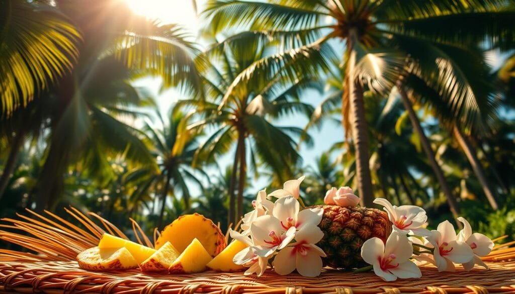 A lush tropical paradise unfolds, bathed in warm afternoon light. In the foreground, a vibrant arrangement of traditional Hawaiian luau elements - a woven palm frond mat, freshly cut pineapple slices, and delicate orchid blossoms. Towering palm trees sway gently in the background, their fronds casting dappled shadows across the scene. The overall mood is one of laid-back island charm, inviting the viewer to imagine the sights, sounds, and flavors of an authentic luau celebration. A medium-wide angle lens captures the harmonious balance of these classic luau staples, reflecting the spirit of a quintessential tropical gathering.