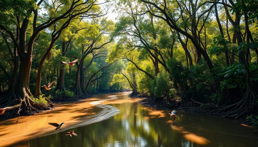 A lush, verdant bosque (forest) in the heart of Bangladesh, the Sundarbans. Towering mangrove trees stretch towards the sky, their gnarled roots anchored in the muddy, tidal waters below. Dappled sunlight filters through the dense canopy, casting warm, golden hues across the scene. In the foreground, a meandering river snakes through the undergrowth, its glassy surface reflecting the surrounding foliage. Exotic birds take flight, their vibrant plumage a vibrant contrast to the earthy tones of the forest. The atmosphere is one of tranquility and timelessness, a pristine natural wonder that exemplifies Bangladesh's rich heritage and untamed beauty.