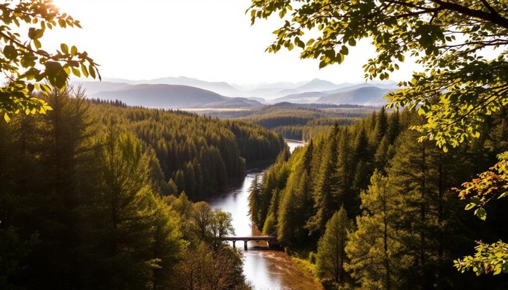 A lush, verdant forest canopy stretching out as far as the eye can see, sunlight filtering through the leaves and casting a warm, golden glow over the scene. In the middle ground, a gently flowing river winds its way through the dense undergrowth, its surface reflecting the surrounding foliage. In the distance, rolling hills and mountains rise up, their peaks capped with a dusting of snow, creating a serene and picturesque landscape. The overall mood is one of tranquility and natural beauty, inviting the viewer to immerse themselves in the idyllic Swedish wilderness. A lush, verdant forest canopy stretching out as far as the eye can see, sunlight filtering through the leaves and casting a warm, golden glow over the scene. In the middle ground, a gently flowing river winds its way through the dense undergrowth, its surface reflecting the surrounding foliage. In the distance, rolling hills and mountains rise up, their peaks capped with a dusting of snow, creating a serene and picturesque landscape. The overall mood is one of tranquility and natural beauty, inviting the viewer to immerse themselves in the idyllic Swedish wilderness.