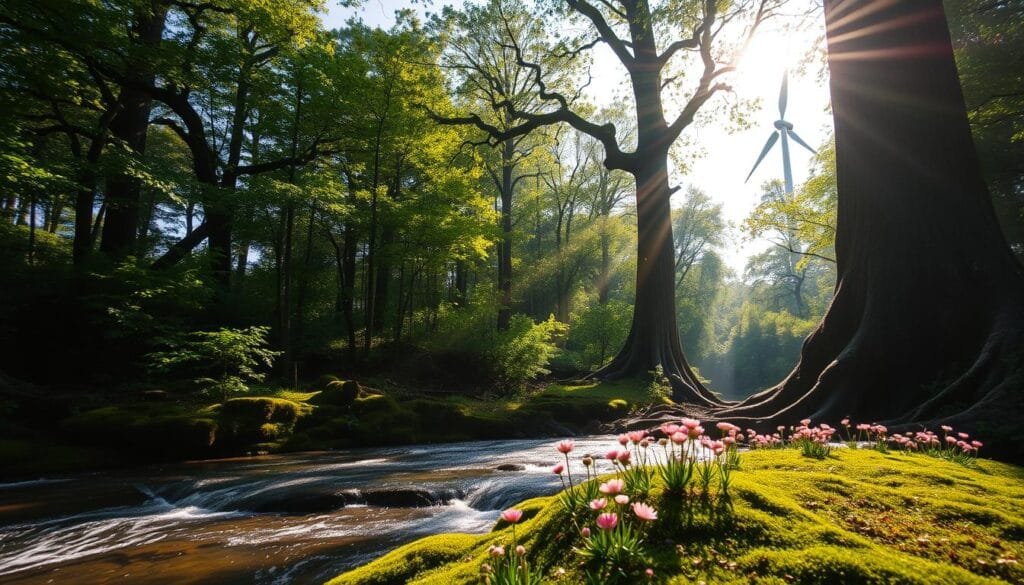 A lush, verdant forest canopy with sunbeams filtering through the leaves, casting a warm, dappled glow on a gently flowing stream. In the foreground, a mossy bank dotted with wildflowers, their petals swaying in a soft breeze. Towering, ancient trees line the banks, their roots intertwined with the earth. In the distance, a wind turbine stands tall, its blades slowly turning, harnessing the renewable energy of the natural world. The scene evokes a harmonious balance between nature and sustainable technology, a vision of environmental stewardship.