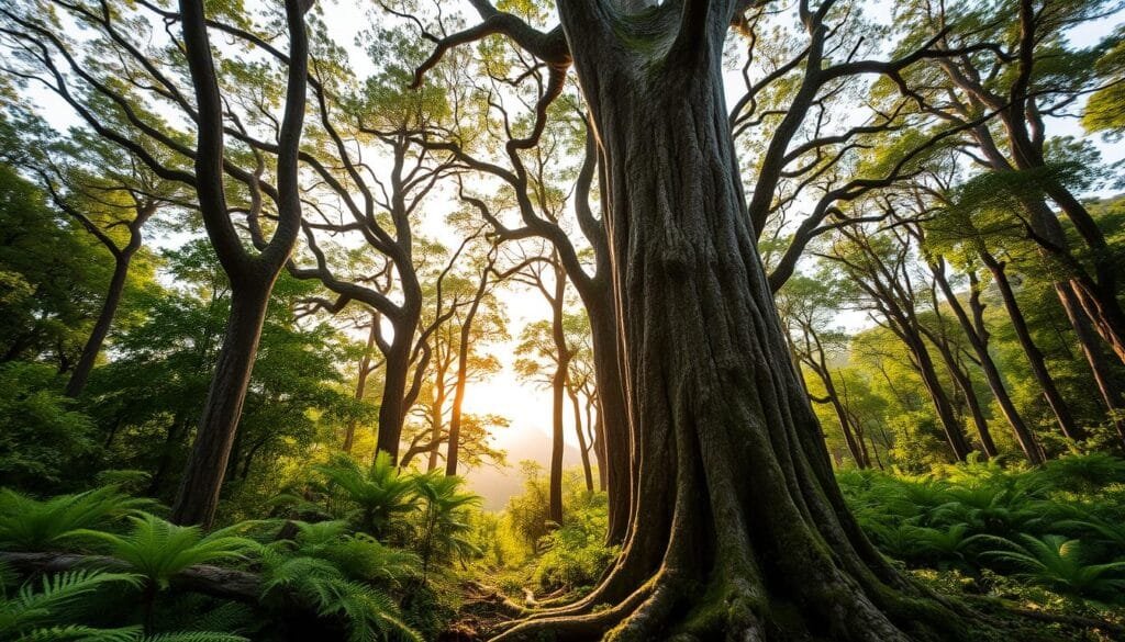 A lush, verdant forest of towering árboles, their branches reaching skyward in a dramatic display of life and growth. The sun filters through the canopy, casting a warm, golden glow upon the scene. In the foreground, the trunks of the ancient trees stand firm, their bark weathered by time yet still full of vitality. Closer to the ground, a carpet of ferns and mosses thrives, evidence of the rich, nourishing soil. The middle ground reveals the intricate web of roots that anchor these giants, a testament to their resilience. In the background, the forest fades into a soft, hazy blur, hinting at the boundless expanse of this verdant ecosystem. This image captures the essence of the rapid growth that can both sustain and shorten the life of these magnificent árboles. A lush, verdant forest of towering árboles, their branches reaching skyward in a dramatic display of life and growth. The sun filters through the canopy, casting a warm, golden glow upon the scene. In the foreground, the trunks of the ancient trees stand firm, their bark weathered by time yet still full of vitality. Closer to the ground, a carpet of ferns and mosses thrives, evidence of the rich, nourishing soil. The middle ground reveals the intricate web of roots that anchor these giants, a testament to their resilience. In the background, the forest fades into a soft, hazy blur, hinting at the boundless expanse of this verdant ecosystem. This image captures the essence of the rapid growth that can both sustain and shorten the life of these magnificent árboles.