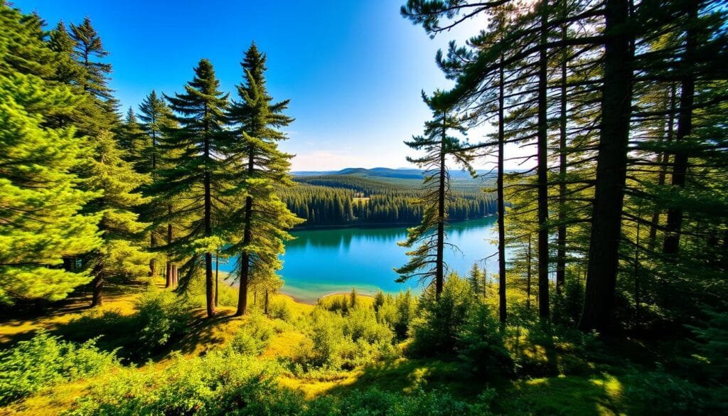 A lush, verdant forest with towering evergreen trees stretching towards a bright, azure sky. Sunlight filters through the dense canopy, casting a warm, golden glow over the mossy undergrowth and winding paths below. In the middle ground, a crystal-clear lake reflects the surrounding foliage, its still waters mirroring the tranquil scene. In the distance, rolling hills covered in a patchwork of forests and meadows create a serene, picturesque landscape. The overall atmosphere is one of peaceful solitude, inviting the viewer to immerse themselves in the natural beauty of this Lithuania's national treasure. A lush, verdant forest with towering evergreen trees stretching towards a bright, azure sky. Sunlight filters through the dense canopy, casting a warm, golden glow over the mossy undergrowth and winding paths below. In the middle ground, a crystal-clear lake reflects the surrounding foliage, its still waters mirroring the tranquil scene. In the distance, rolling hills covered in a patchwork of forests and meadows create a serene, picturesque landscape. The overall atmosphere is one of peaceful solitude, inviting the viewer to immerse themselves in the natural beauty of this Lithuania's national treasure.