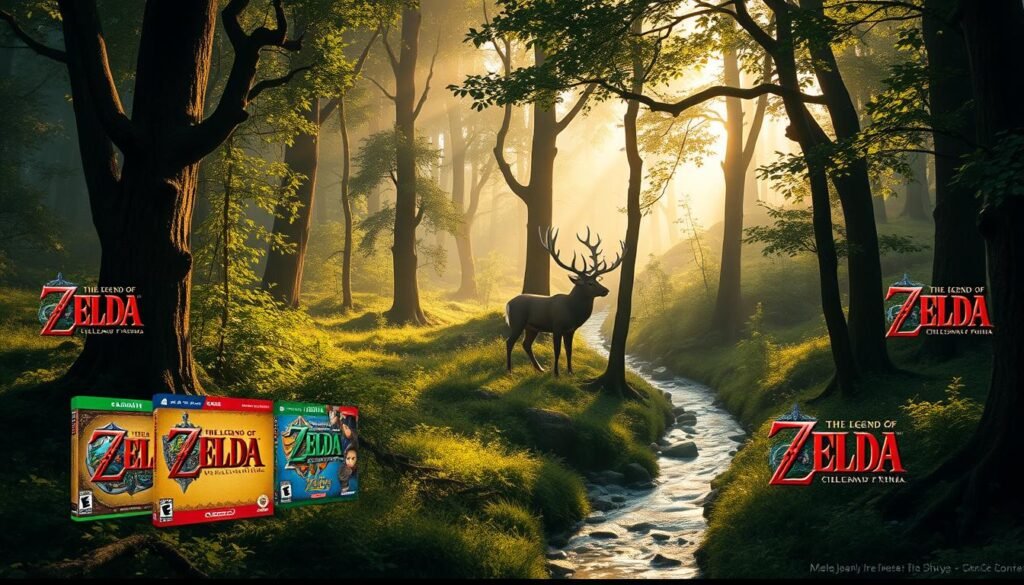 A lush, verdant forest with towering trees and a shimmering stream winding through the undergrowth. In the foreground, a collection of the most iconic "The Legend of Zelda" game covers stand proudly, their vibrant artwork capturing the essence of each pivotal entry in the series. The lighting is warm and golden, casting a nostalgic glow over the scene. In the middle ground, a majestic stag emerges from the foliage, its antlers reaching towards the heavens, symbolizing the grand adventure and exploration that has defined the Zelda franchise. The background is hazy and dreamlike, suggesting the timeless, mythical quality of the Zelda universe. The overall atmosphere is one of wonder, reverence, and a deep connection to the natural world that inspired the creation of this beloved gaming saga.