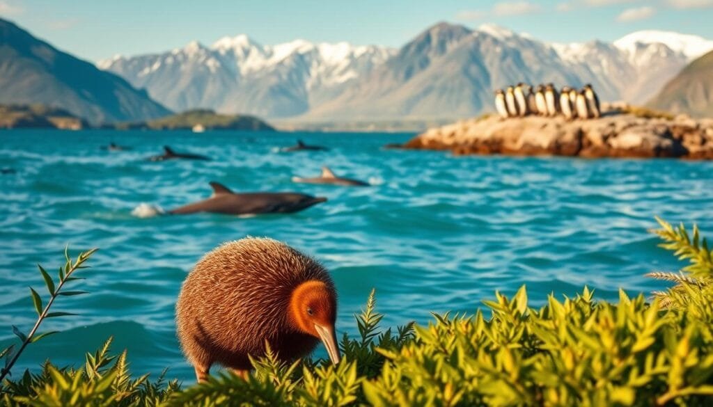 A lush, verdant landscape in New Zealand's pristine wilderness. In the foreground, a curious kiwi bird forages among the ferns, its rounded shape and long beak distinctly visible. In the middle ground, a pod of playful bottlenose dolphins glide through the calm, azure waters, their sleek bodies cutting effortlessly through the waves. In the distant background, a group of waddling penguins gather on a rocky outcrop, their black-and-white plumage contrasting with the rugged, snow-capped mountains that rise up behind them. The scene is bathed in soft, golden light, creating a serene, natural atmosphere that captures the unique and diverse fauna of this remarkable island nation. A lush, verdant landscape in New Zealand's pristine wilderness. In the foreground, a curious kiwi bird forages among the ferns, its rounded shape and long beak distinctly visible. In the middle ground, a pod of playful bottlenose dolphins glide through the calm, azure waters, their sleek bodies cutting effortlessly through the waves. In the distant background, a group of waddling penguins gather on a rocky outcrop, their black-and-white plumage contrasting with the rugged, snow-capped mountains that rise up behind them. The scene is bathed in soft, golden light, creating a serene, natural atmosphere that captures the unique and diverse fauna of this remarkable island nation.