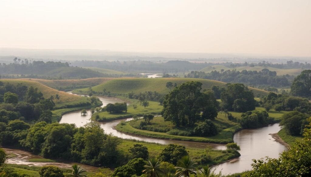 A lush, verdant landscape with winding rivers cutting through the heart of Paraguay, the "Heart of South America." In the foreground, a majestic river flows gracefully, its waters reflecting the vibrant hues of the surrounding foliage. Towering trees line the riverbanks, their canopies casting a serene, filtered light upon the scene. In the middle ground, gently rolling hills dotted with vibrant vegetation create a sense of depth and dimension. The background features a hazy, dreamlike horizon, where the sky and land seamlessly blend together, evoking a timeless, tranquil atmosphere. The entire composition conveys the natural beauty and geographic richness of this landlocked nation, a true representation of the "Corazón de América del Sur."