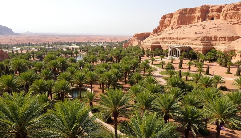 A lush, verdant oasis nestled amidst the golden sands of the Arabian desert. Al-Ahsa, a sprawling expanse of date palms, crystal-clear springs, and tranquil pools, defies the harsh surroundings with its serene beauty. In the foreground, sunlight dapples the emerald foliage, casting a warm glow over the idyllic scene. The middle ground reveals a network of ancient irrigation channels and winding pathways, leading the eye towards the distant horizon. In the background, rugged sandstone cliffs rise up, their weathered faces a testament to the enduring power of nature. The overall atmosphere is one of tranquility and wonder, a mesmerizing oasis that challenges the very notion of a barren desert landscape.