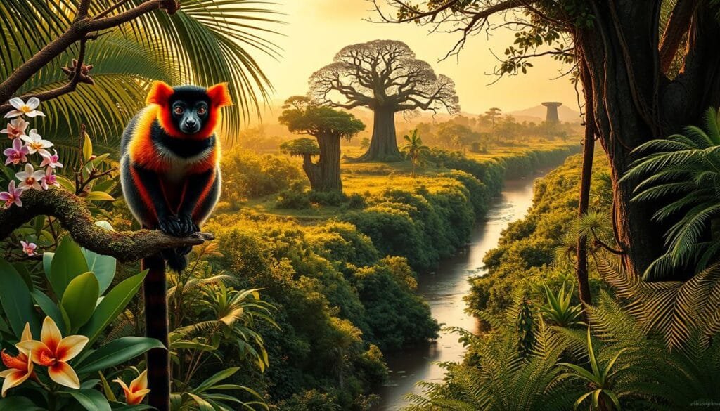 A lush, verdant scene of Madagascar's endemic fauna and flora, captured in a vibrant, naturalistic style. In the foreground, a vibrant red-ruffed lemur perches on a twisted, moss-covered branch, its expressive face and striking markings commanding attention. Surrounding it, a diverse array of tropical plants and flowers bloom, including the iconic traveler's palm, delicate orchids, and the rich, textured fronds of ferns. The middle ground reveals a glimpse of a winding river, its banks lined with a dense, tangled understory of greenery. In the distance, the silhouettes of towering, ancient baobab trees rise against a warm, golden-hued sky, infused with the soft, diffused light of a late afternoon. The overall scene exudes a sense of lush, untamed beauty and the awe-inspiring biodiversity that makes Madagascar's natural wonders so captivating. A lush, verdant scene of Madagascar's endemic fauna and flora, captured in a vibrant, naturalistic style. In the foreground, a vibrant red-ruffed lemur perches on a twisted, moss-covered branch, its expressive face and striking markings commanding attention. Surrounding it, a diverse array of tropical plants and flowers bloom, including the iconic traveler's palm, delicate orchids, and the rich, textured fronds of ferns. The middle ground reveals a glimpse of a winding river, its banks lined with a dense, tangled understory of greenery. In the distance, the silhouettes of towering, ancient baobab trees rise against a warm, golden-hued sky, infused with the soft, diffused light of a late afternoon. The overall scene exudes a sense of lush, untamed beauty and the awe-inspiring biodiversity that makes Madagascar's natural wonders so captivating.