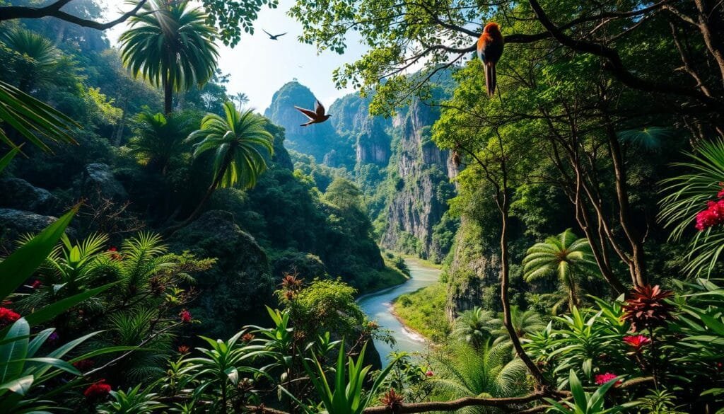A lush, verdant tropical rainforest in Malaysia, with sunlight filtering through the dense canopy of towering trees. In the foreground, a diverse array of vibrant flora and fauna thrives, showcasing the incredible biodiversity of this region. Colorful birds soar overhead, while curious primates swing from branch to branch. In the middle ground, a winding river snakes through the undergrowth, its crystal-clear waters reflecting the surrounding natural beauty. Beyond, majestic limestone cliffs rise up, their craggy surfaces home to a myriad of unique cave-dwelling species. The scene radiates a sense of wonder and tranquility, capturing the essence of Malaysia's remarkable ecological richness.