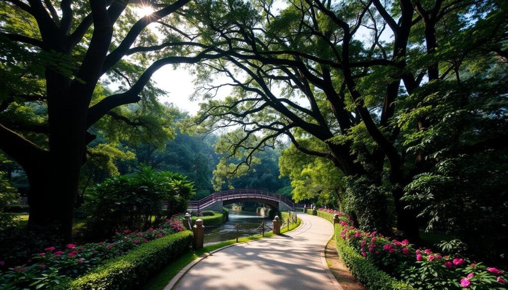 A lush, verdant urban oasis with towering trees casting soft, dappled light across a winding path. Vibrant flowers and manicured hedges line the walkway, creating a tranquil, serene atmosphere. In the distance, a graceful footbridge arches over a gently flowing stream, inviting visitors to explore further. The scene conveys a sense of harmony between nature and the built environment, showcasing Singapore's commitment to sustainability and its reputation as the "City in a Garden". Captured with a wide-angle lens to emphasize the scale and scope of this verdant sanctuary.