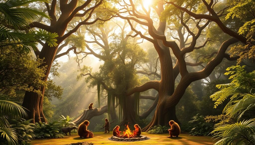 A lush, vibrant forest canopy with towering, ancient trees and a sunlit clearing where a group of Ewoks gather in their distinctive tribal attire. In the foreground, a small Ewok family sits around a crackling fire, while others can be seen moving through the undergrowth or perched on the branches above. The scene is bathed in a warm, golden light, creating a sense of tranquility and wonder. The camera angle is slightly elevated, giving a panoramic view of the Ewoks' enchanting woodland home.