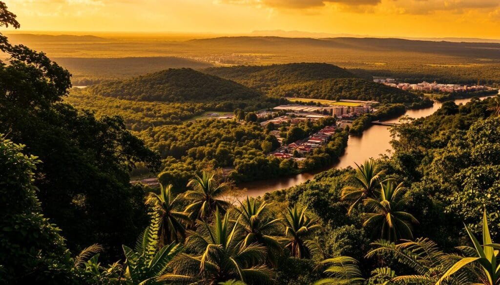A lush, vibrant scene of the Peruvian Amazon rainforest, bathed in warm, golden-hued sunlight. The mighty Amazon River winds through the foreground, its dark waters reflecting the verdant canopy of towering trees that line its banks. Diverse flora and fauna thrive in the dappled shadows, from exotic bird species to leafy vines and ferns. In the middle ground, the bustling river port city of Iquitos stands as a testament to the region's natural bounty and human ingenuity. The backdrop is a panoramic vista of endless, rolling hills covered in a tapestry of green, punctuated by the occasional towering peak. The overall atmosphere is one of vibrant life, natural harmony, and the awe-inspiring scale of the Amazonian wilderness.