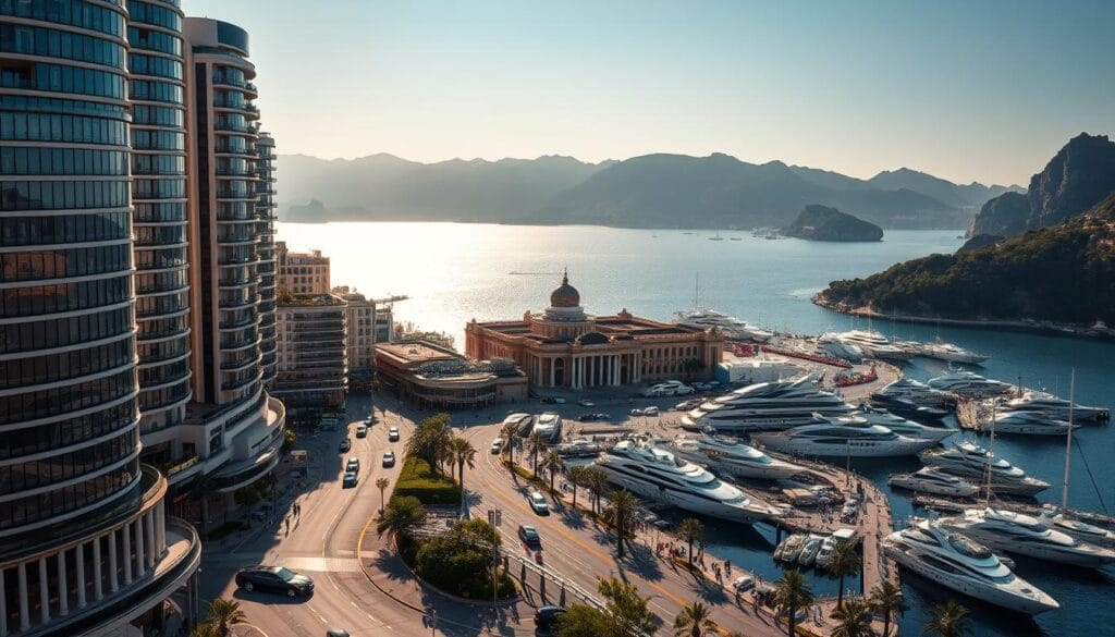 A luxurious and opulent cityscape depicting the Principality of Monaco, nestled between the glimmering Mediterranean Sea and the rugged mountains of the French Riviera. In the foreground, towering high-rise buildings adorned with gleaming glass and sleek modern architecture cast long shadows across the winding streets below. Exotic sports cars and superyachts populate the bustling harbor, hinting at the extravagant wealth and lavish lifestyle of the principality. In the middle ground, the iconic Monte Carlo Casino and opera house stand as symbols of the region's opulent heritage, their ornate facades bathed in warm, golden light. The background is framed by lush, verdant hills and the sparkling azure waters of the Côte d'Azur, creating a stunning contrast with the manmade splendor of the city.