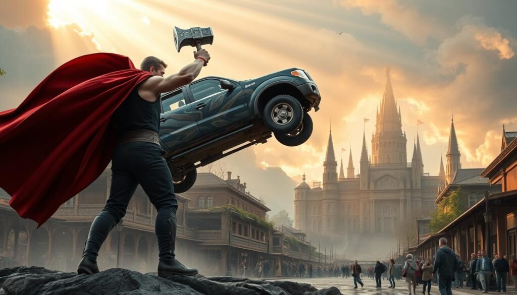 A magnificent Asgardian scene unfolds, showcasing the power of Thor's mighty Mjolnir. In the foreground, the God of Thunder stands tall, his red cape billowing dramatically as he prepares to unleash a thunderous blow. Behind him, a battered pickup truck is suspended mid-air, its wheels spinning in a display of Asgardian might. The middle ground features a bustling Midgardian street, with curious onlookers gazing in awe at the spectacle. In the background, the towering spires of an Asgardian palace loom, casting a warm, golden glow over the entire scene. The lighting is dramatic, with shafts of celestial light piercing the clouds and illuminating the action. The composition is dynamic, with a sense of movement and energy that captures the essence of Thor's mischievous yet heroic nature.