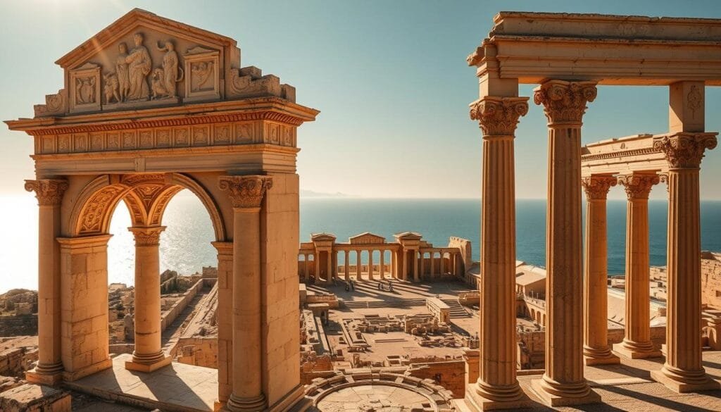 A magnificent ancient Roman city nestled along the Libyan coast, Leptis Magna stands as a testament to the grandeur of the Empire. Capture its towering arches, intricately carved columns, and sprawling ruins bathed in warm, golden sunlight. In the foreground, showcase the impressive Arch of Septimius Severus, its intricate bas-reliefs and striking architectural design. The middle ground should feature the sweeping remnants of the once-bustling Forum, its colonnades and ornate structures casting long shadows across the landscape. In the distance, the shimmering Mediterranean Sea frames the scene, emphasizing Leptis Magna's strategic coastal location. Evoke a sense of timeless wonder and the enduring legacy of the Roman world.