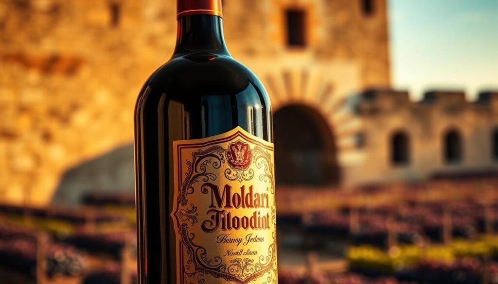 A magnificent bottle of deep red Moldavian wine, glimmering under warm, golden lighting that casts a rich, velvety glow. The label is adorned with intricate patterns and calligraphy, hinting at the centuries-old winemaking traditions of this Eastern European nation. In the background, blurred but recognizable, are the ancient stone walls of a sprawling winery, whispers of the countless generations of vintners who have dedicated their lives to cultivating this liquid treasure. The composition evokes a sense of timeless elegance and the pride of Moldavia's unparalleled wine heritage, a true celebration of the "liquid heart" that has shaped the country's identity. A magnificent bottle of deep red Moldavian wine, glimmering under warm, golden lighting that casts a rich, velvety glow. The label is adorned with intricate patterns and calligraphy, hinting at the centuries-old winemaking traditions of this Eastern European nation. In the background, blurred but recognizable, are the ancient stone walls of a sprawling winery, whispers of the countless generations of vintners who have dedicated their lives to cultivating this liquid treasure. The composition evokes a sense of timeless elegance and the pride of Moldavia's unparalleled wine heritage, a true celebration of the "liquid heart" that has shaped the country's identity.