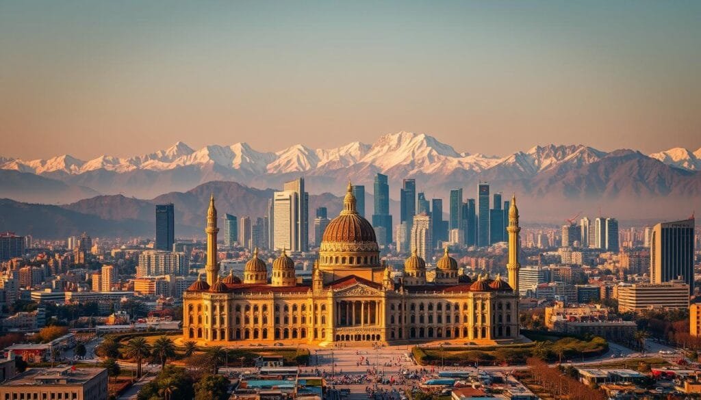 A magnificent capital city nestled in the heart of a bustling nation, Pakistan's urban landscape stands tall and proud. In the foreground, a grand governmental palace, its ornate architecture reflecting the country's rich cultural heritage. Majestic domes and intricate minarets pierce the sky, casting shadows upon the bustling streets below. In the middle ground, towering skyscrapers and modern high-rises, symbols of Pakistan's economic progress and technological advancement. The background is a panoramic vista of the surrounding mountains, their snow-capped peaks a testament to the country's natural grandeur. Warm, golden lighting illuminates the scene, creating an atmosphere of power, prosperity, and national pride.