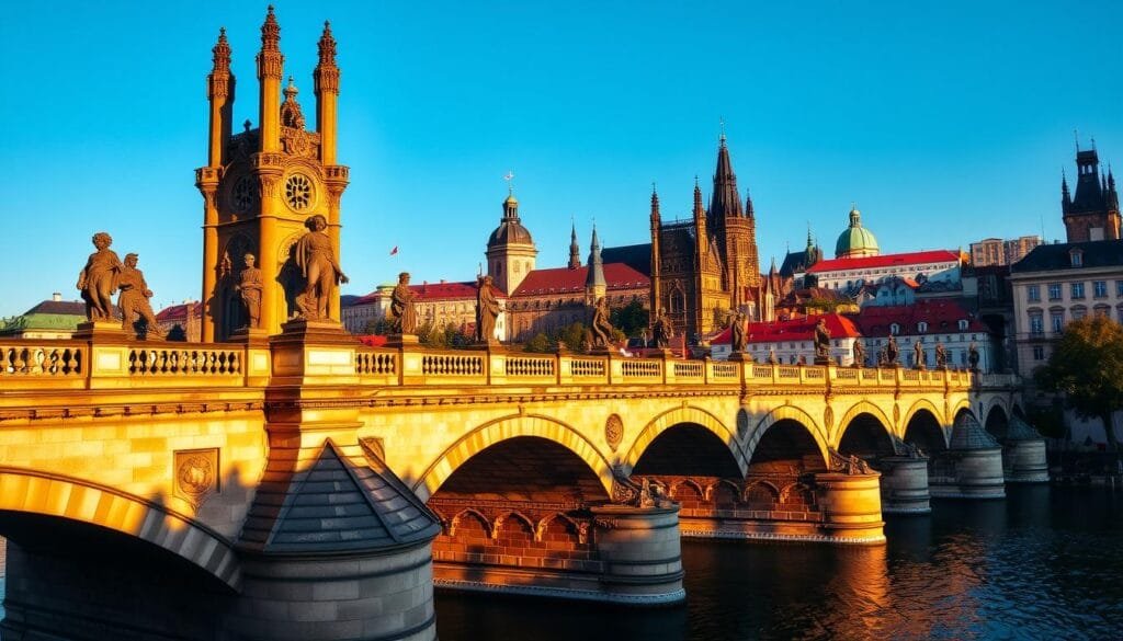 A magnificent stone bridge spanning the Vltava River, the Puente Carlos in the historic center of Prague, Czech Republic. Towering medieval Gothic architecture adorns the bridge, with ornate statues and intricate carvings lining the walkway. The scene is bathed in warm, golden afternoon light, casting rich shadows across the detailed stonework. In the background, the spires and domes of the city's iconic landmarks, including the Prague Castle, rise up against a clear azure sky. The overall atmosphere evokes the grandeur and timeless beauty of this UNESCO World Heritage site, a true gem of Czech cultural heritage.
