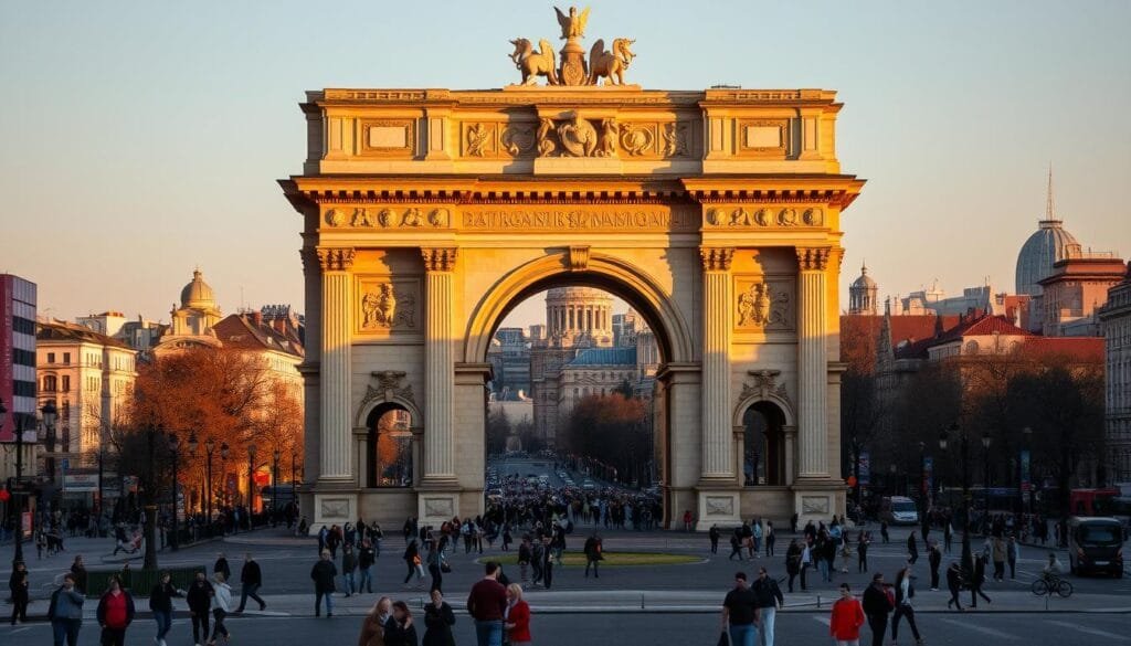 A majestic Arch of Triumph stands tall in the heart of Bucharest, Romania, its limestone façade bathed in warm, golden light. The triumphal arch, modeled after the Arc de Triomphe in Paris, towers over the bustling streets below, a symbol of the city's architectural grandeur and its aspirations to be the "Paris of the East." In the foreground, the lively Piața Arcului is filled with pedestrians, capturing the vibrant energy of the city. The middle ground showcases the arch's intricate details, from the ornate carvings to the imposing central archway. In the background, the city's skyline rises, with a mix of historic and modern structures, reflecting Bucharest's unique blend of old and new. The overall scene conveys a sense of monumental scale, elegance, and national pride, befitting the status of this iconic landmark.