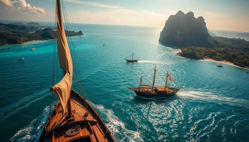 A majestic aerial view of the Strait of Malacca, a vital maritime passage between the Malay Peninsula and the Indonesian island of Sumatra. The sun's golden rays illuminate the azure waters, dotted with scattered shipwrecks from centuries past. In the foreground, a weathered wooden vessel, its sails unfurled, navigates the treacherous currents, hinting at the rich history of trade and exploration that has unfolded in this region. The middle ground reveals the rugged, jungle-clad coastlines of both nations, while the background is dominated by a towering, craggy mountain range, adding to the sense of scale and grandeur. The overall atmosphere conveys a sense of both adventure and peril, reflecting the maritime legacy that has long defined this strategic waterway.