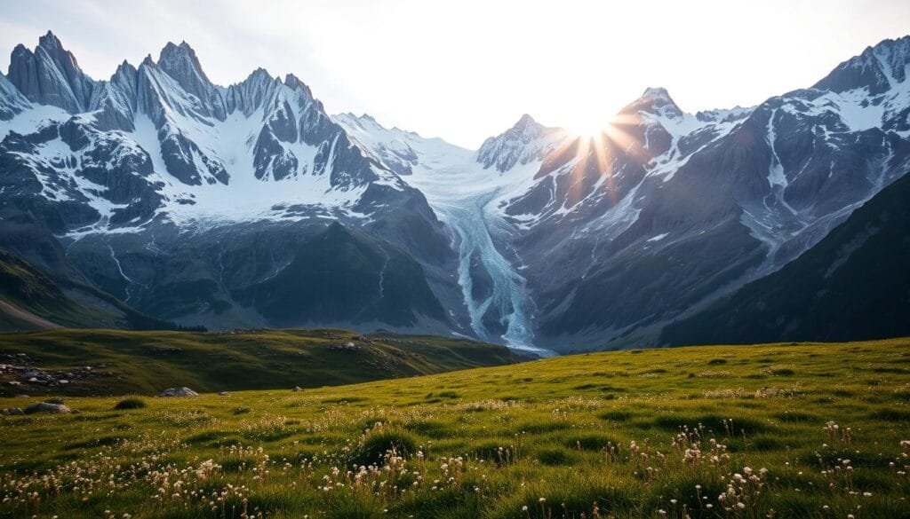 A majestic alpine landscape, with towering snow-capped peaks reaching towards the heavens. Rugged, jagged mountain ridges cut through the sky, casting dramatic shadows across the valleys below. Lush, verdant meadows dotted with wildflowers sprawl in the foreground, leading the eye towards the imposing, ancient glaciers that cling to the mountainsides. The scene is bathed in a warm, golden glow, as the sun dips behind the distant summits, painting the scene in a breathtaking display of natural beauty. Captured with a wide-angle lens to emphasize the scale and grandeur of this alpine wonderland, the image conveys the awe-inspiring majesty of the Swiss Alps.