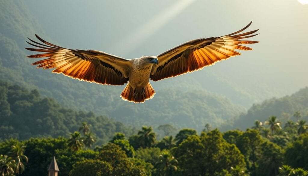 A majestic and powerful Philippine eagle soaring effortlessly against a lush, verdant backdrop. Its massive wings span gracefully, feathers shimmering in the soft, natural light. The eagle's fierce gaze and hooked beak convey its status as the apex predator of the Philippine archipelago. In the middle ground, a dense, tropical forest canopy provides a dynamic, layered scene. Rays of sunlight filter through the foliage, casting a warm, golden glow. In the distance, the silhouettes of towering, rugged mountains rise, completing the captivating, picturesque landscape. An awe-inspiring representation of the unique and remarkable wildlife found across the 7,641 islands of the Philippines. A majestic and powerful Philippine eagle soaring effortlessly against a lush, verdant backdrop. Its massive wings span gracefully, feathers shimmering in the soft, natural light. The eagle's fierce gaze and hooked beak convey its status as the apex predator of the Philippine archipelago. In the middle ground, a dense, tropical forest canopy provides a dynamic, layered scene. Rays of sunlight filter through the foliage, casting a warm, golden glow. In the distance, the silhouettes of towering, rugged mountains rise, completing the captivating, picturesque landscape. An awe-inspiring representation of the unique and remarkable wildlife found across the 7,641 islands of the Philippines.