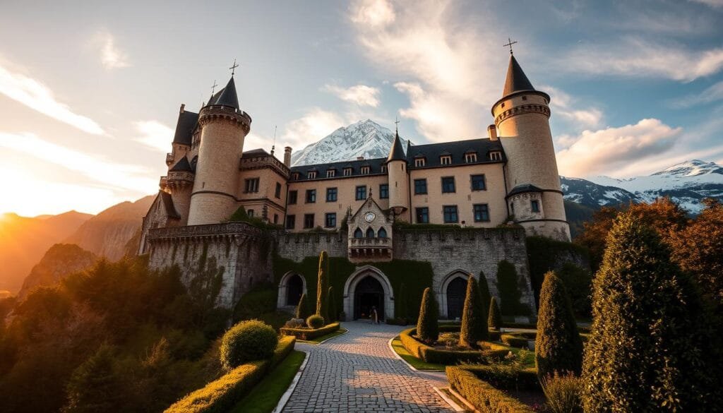 A majestic castle nestled atop a rugged, snow-capped mountain in Liechtenstein, its towering turrets and fortified walls casting a commanding presence over the lush, verdant valley below. Warm, golden sunlight filters through wispy clouds, illuminating the castle's intricate architectural details and reflecting off its weathered, stone facade. In the foreground, a cobblestone pathway winds through a lush, meticulously landscaped garden, leading visitors towards the grand, arched entryway. The scene exudes a sense of timeless grandeur and regal splendor, perfectly capturing the unique charm and historical significance of this small, yet remarkable European nation. A majestic castle nestled atop a rugged, snow-capped mountain in Liechtenstein, its towering turrets and fortified walls casting a commanding presence over the lush, verdant valley below. Warm, golden sunlight filters through wispy clouds, illuminating the castle's intricate architectural details and reflecting off its weathered, stone facade. In the foreground, a cobblestone pathway winds through a lush, meticulously landscaped garden, leading visitors towards the grand, arched entryway. The scene exudes a sense of timeless grandeur and regal splendor, perfectly capturing the unique charm and historical significance of this small, yet remarkable European nation.