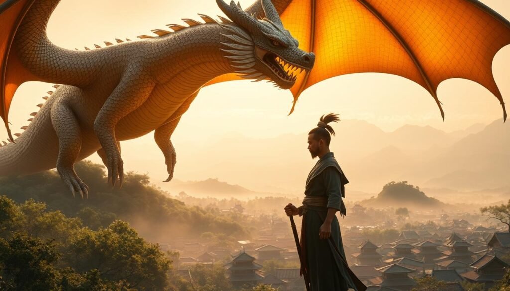 A majestic dragon, with iridescent scales that shimmer in the sunlight, hovers over a lush, verdant landscape. Its wings, like ancient parchment, unfurl in a display of power and grace. In the foreground, the iconic silhouette of Sun Wukong, the Monkey King, stands tall, his staff held high, a resolute expression on his face. The middle ground reveals a bustling, traditional Chinese village, with its tiled roofs and winding streets, a testament to the cultural heritage that inspired the creation of the Dragon Ball universe. The background is a sweeping panorama of distant mountains, their peaks shrouded in mist, creating an atmosphere of mysticism and wonder. The lighting is soft and diffused, casting a warm, golden glow over the entire scene, evoking a sense of timelessness and reverence.