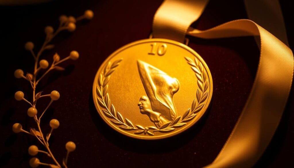 A majestic, golden Nobel Prize medal, shimmering under warm, dramatic lighting. The medal is the focal point, resting on a dark, velvet-like surface that accentuates its luxurious elegance. Surrounding the medal are subtle, elegant flourishes - delicate laurel leaves, a hint of ivory-toned ribbon, and a faint, ethereal glow that emanates from the center, creating a sense of prestige and reverence. The composition is balanced, with the medal positioned slightly off-center to draw the eye, while the overall scene conveys a timeless, prestigious atmosphere befitting a prestigious literary honor. A majestic, golden Nobel Prize medal, shimmering under warm, dramatic lighting. The medal is the focal point, resting on a dark, velvet-like surface that accentuates its luxurious elegance. Surrounding the medal are subtle, elegant flourishes - delicate laurel leaves, a hint of ivory-toned ribbon, and a faint, ethereal glow that emanates from the center, creating a sense of prestige and reverence. The composition is balanced, with the medal positioned slightly off-center to draw the eye, while the overall scene conveys a timeless, prestigious atmosphere befitting a prestigious literary honor.