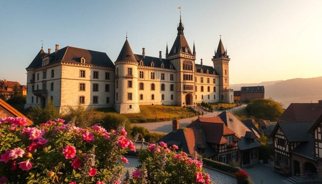A majestic medieval castle perched atop a rolling hill, its turrets and spires silhouetted against a warm, golden sky. The facade is adorned with intricate stonework and ornate windows, casting long shadows across the cobblestone courtyard below. In the foreground, a lush garden blooms with vibrant flowers, their petals swaying gently in the breeze. The castle is surrounded by a quaint village, its charming timber-framed houses and winding streets evoking a timeless Hungarian atmosphere. The overall scene exudes a sense of history, elegance, and cultural heritage, perfectly capturing the essence of this captivating landmark.
